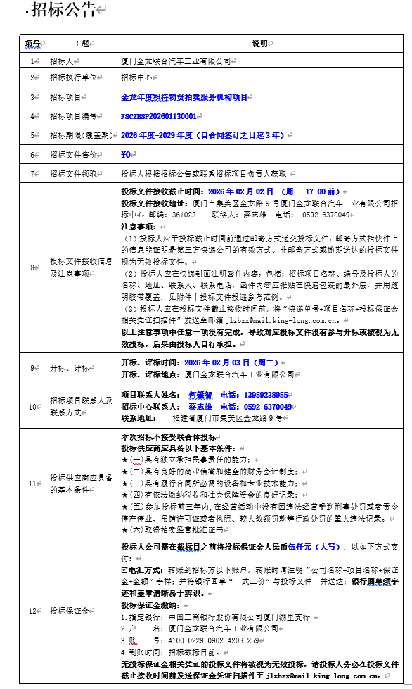 金龙年度积待物资拍卖服务机构项目公开招标招标公告-2026.01.14